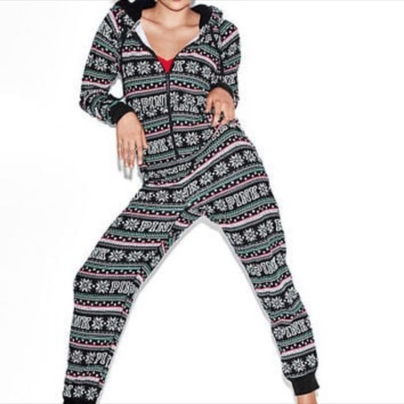 NWT Victoria's Secret PINK Sherpa Hoodie Fair Isle Onesie Pajamas‎ - Picture 7 of 7